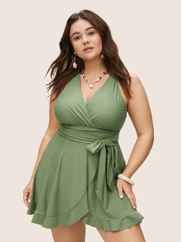 Plain Ties Wrap Flutters Swim Dress