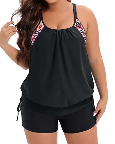 Plus Size Bathing Suit Blouson Tankini Top With Boy Shorts-Black