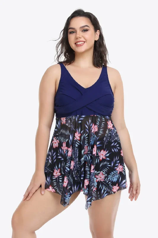 Plus Size Floral Two-Tone Asymmetrical Hem Two-Piece Tankini