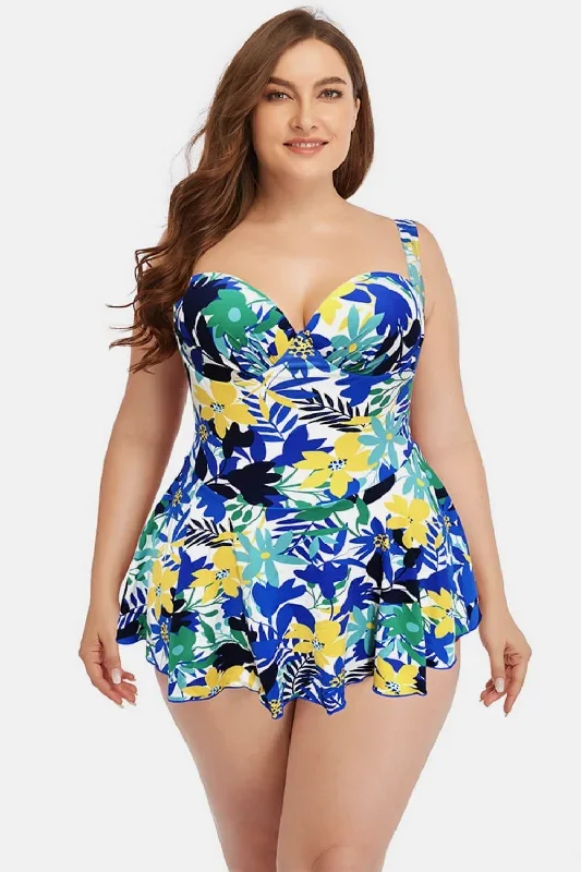 Plus Size Gathered Detail Sweetheart Neck Swim Dress