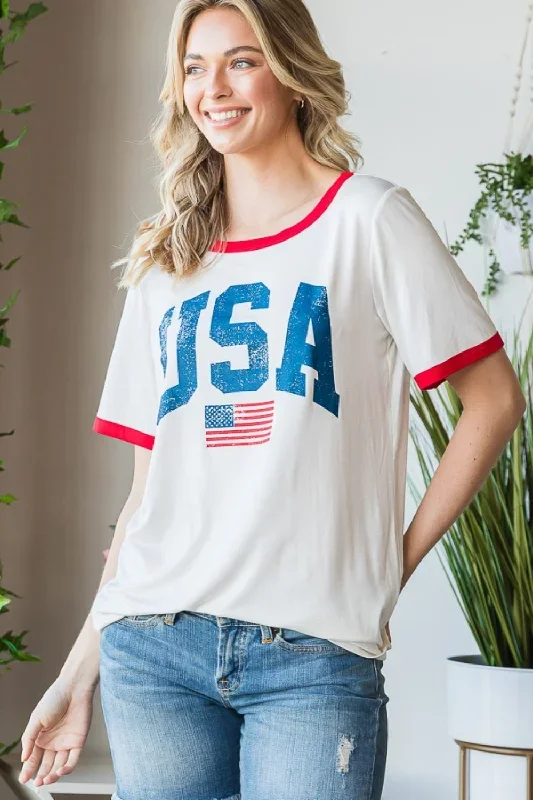 Plus Size USA Contrast Trim Short Sleeve T-Shirt