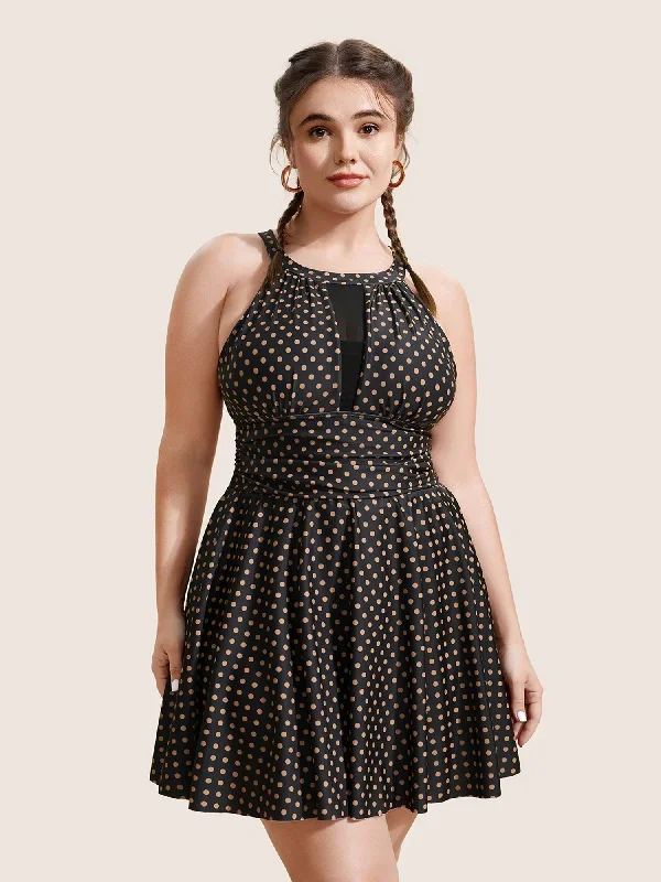 Polka Dot Halter Neck Gathered Swim Dress