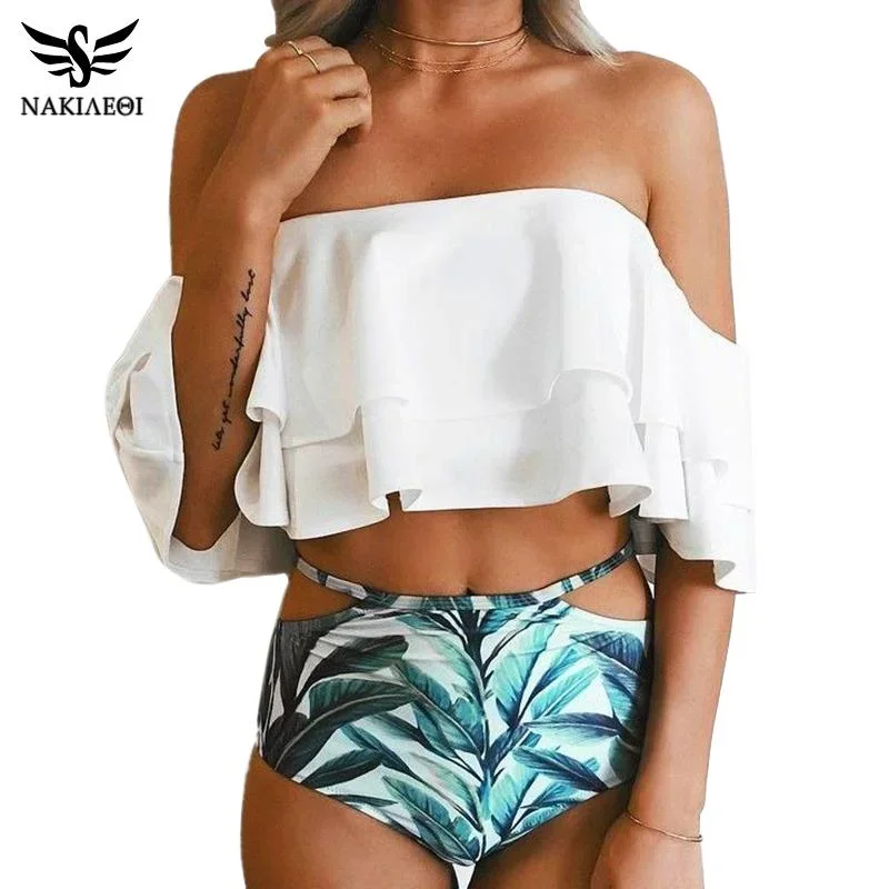 Ruffle Vintage Bikinis Solid Top Print Bottom Bathing Suits