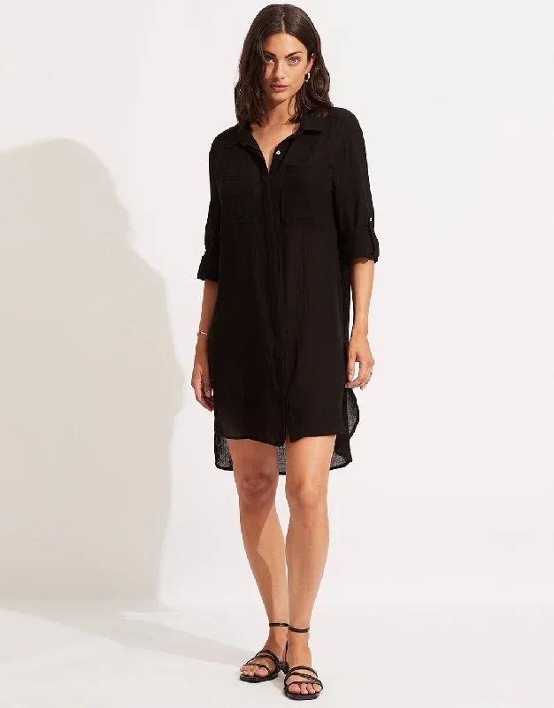 Crinkle Twill Beach Shirt - Black