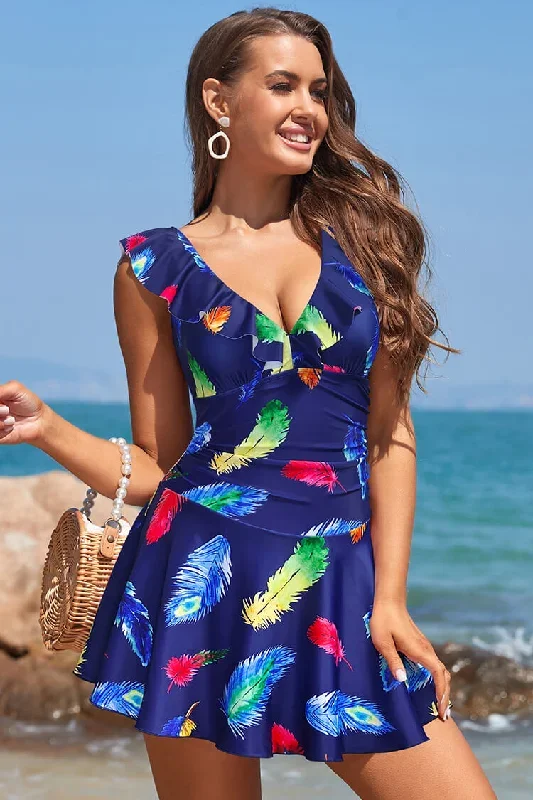 V Neck Ruffle Ruched Swimdress For Women