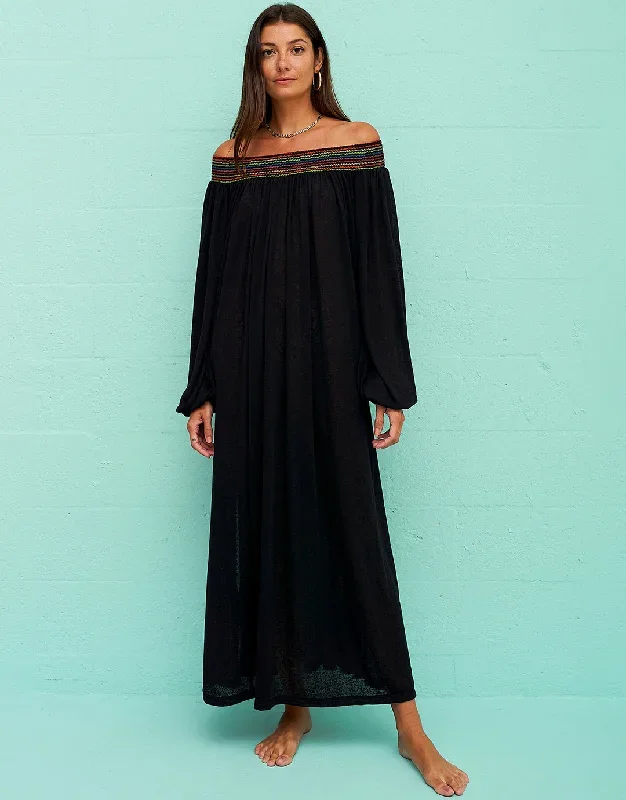 Smocked Off the Shoulder Dress - Black