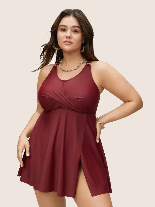 Solid Crossover Adjustable Straps Split Hem Swim Dress