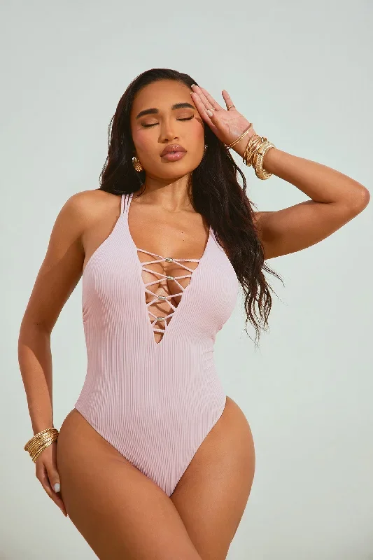 Summer Love Ribbed Lace Up 1 Piece Swimsuit - Pink