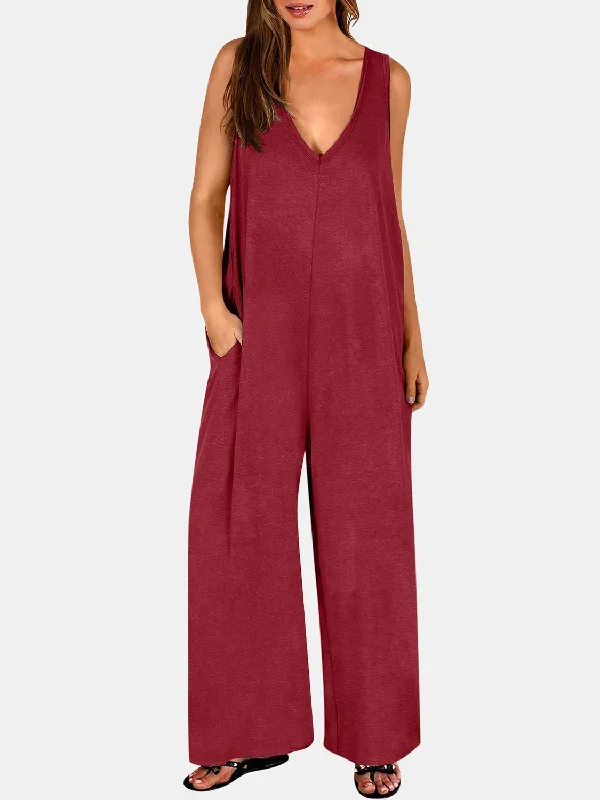 Sunset and Swim  Plus Size V-Neck Wide Strap Jumpsuit