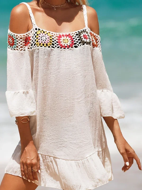 Sunset Vacation  Crochet Cold Shoulder Three-Quarter Sleeve Beach Cover Up