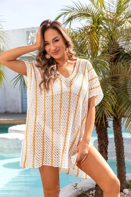 Sunset Vacation  Openwork V-Neck Short Sleeve Cover Up