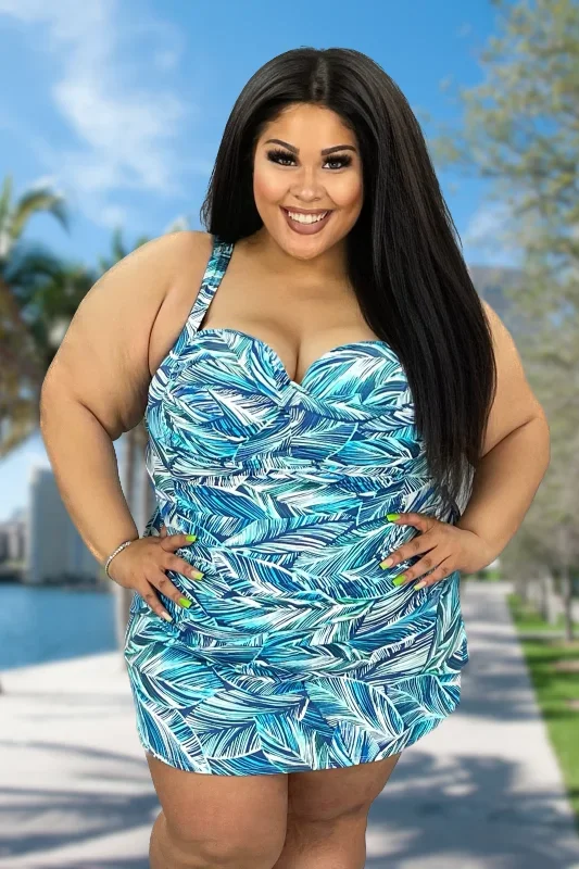 SWIM-N {Emerald Bay} Blue Leaf Print One Piece Swimsuit PLUS SIZE 18 20 22 24