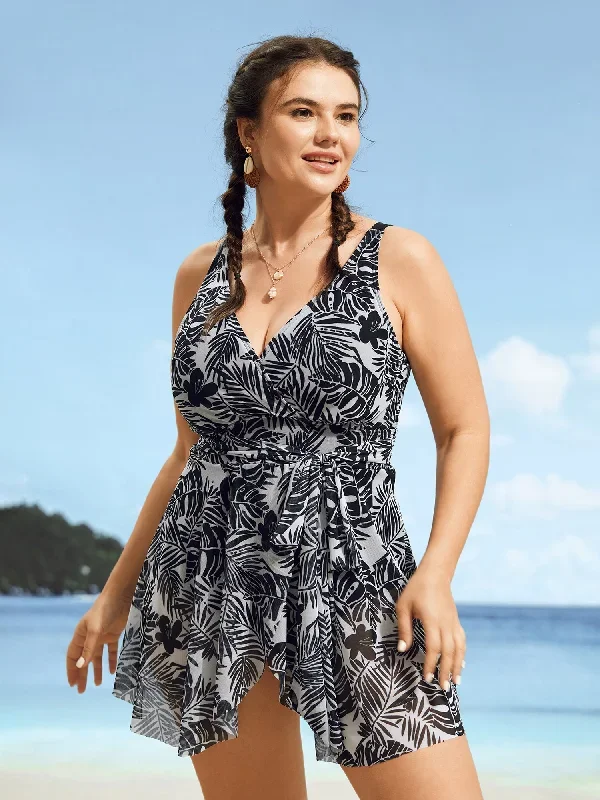 Tropical Print Tie Knot Wrap Gathered Swim Dress