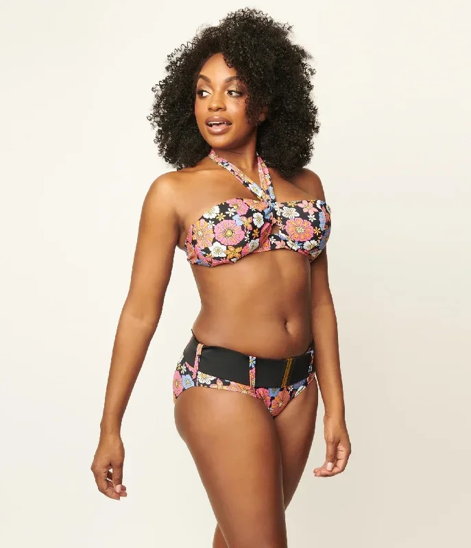 Unique Vintage Pink & Blue Floral Print Forever Glam Swim Top