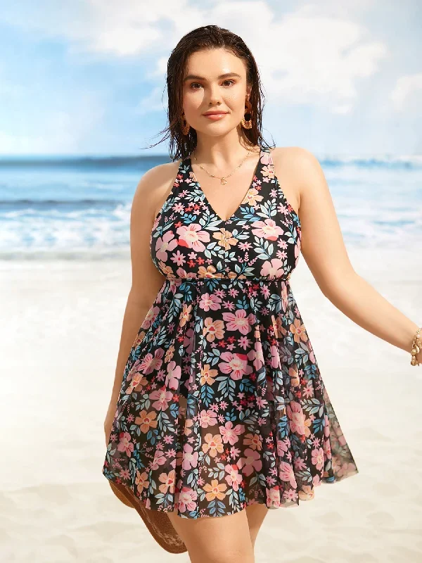 V Neck Natural Flowers Mesh Swim Dress