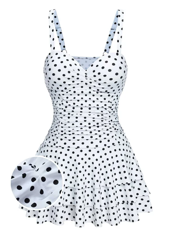 [Pre-Sale] White 1950s Spaghetti Strap Polka Dots Swimsuit