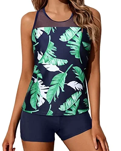 2 Piece Mid-Waist Solid Boyleg Tankini Swimsuit Racerback-Blue Leaf