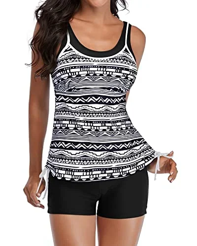 Push Up Athletic Bathing Suits Shorts 2 Piece Tankini Swimsuits-Black Stripe