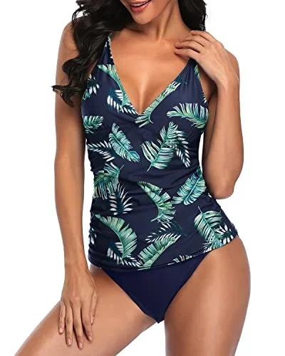 Two Piece V Neck Tankini Bathing Suits Set For Women-Blue Leaves