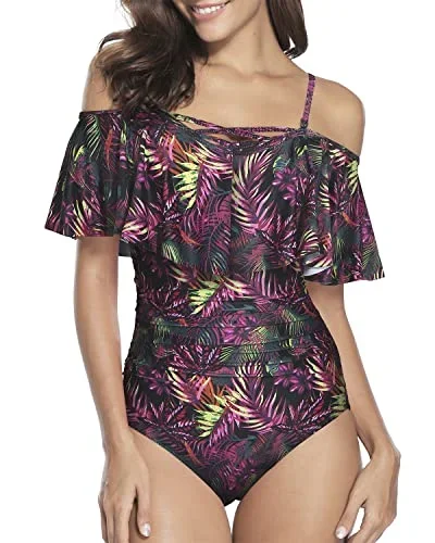 One Piece Off Shoulder Swimsuits For Women Tummy Control Bathing Suits-Purple Leaf