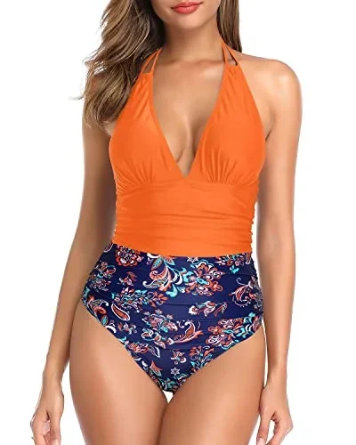 One Piece Swimsuit Women Tummy Control Halter Sexy Plunge V Neck Swimwear-Orange And Blue