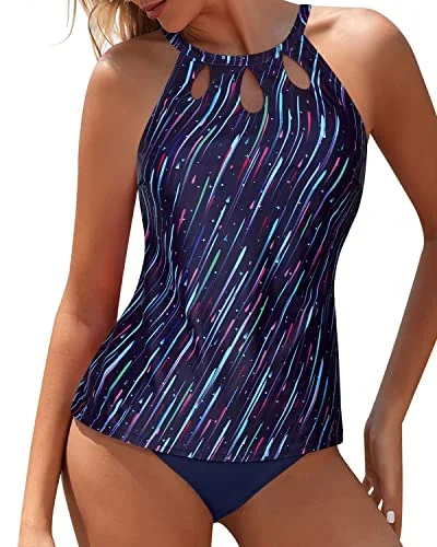 Keyhole Tank Top & High Waist Bottom Two Piece Tankini Swim Suit-Navy Blue