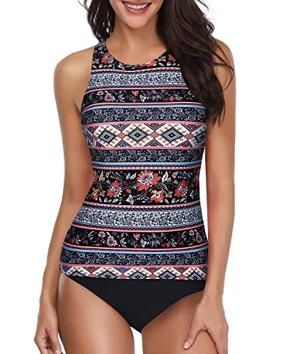 Padded Push Up Bra Long Torso Tankini Set For Women-Black Tribal