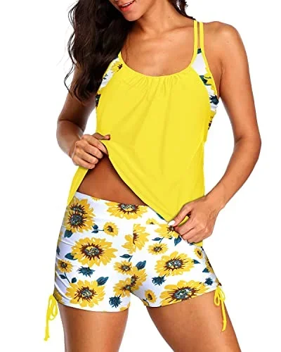 Criss Cross Tankini Swimsuits Two Piece Tummy Control Bathing Suits-Yellow And Sunflower