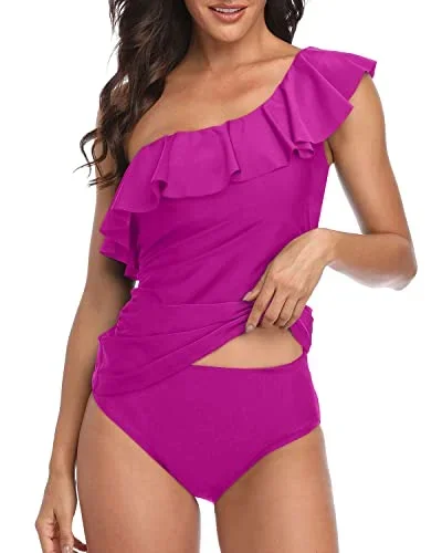 One Shoulder Tankini Tummy Control Bathing Suits For Women-Hot Pink