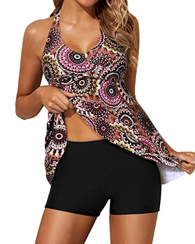 Halter V Neck Tankini Swimsuits For Women Shorts-Brown Print