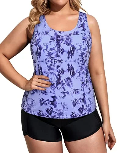 Sporty Plus Size Tankini Swimsuits With Boy Shorts Tank Top-Blue Tie Dye