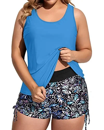 3 Piece Plus Size Tankini Swimsuits With High Waisted Boy Short-Blue Floral