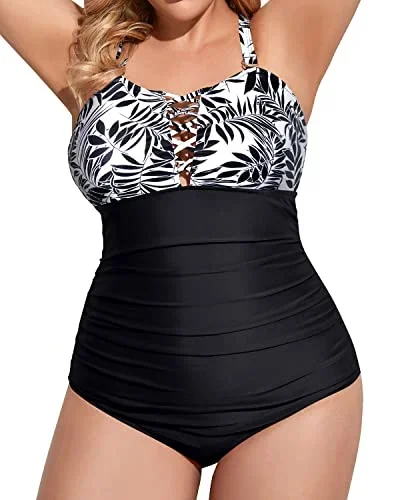 Deep V Neck Bathing Suits Removable Padded Bra For Plus Size Women-Black Leaves