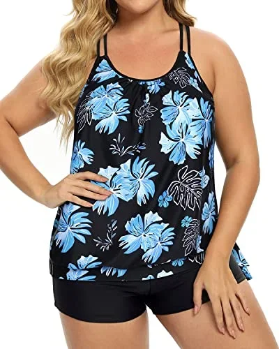 Women Plus Size Two Piece Tankini Swimsuit Boyleg Sporty Bathing Suits-Black Blue Floral