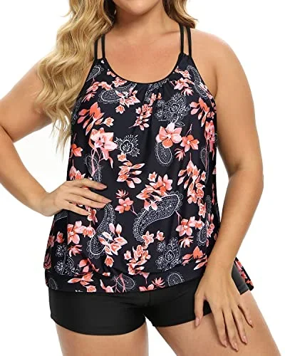 Women Plus Size Tankini Sets With Side Tie Sporty Bathing Suits-Black Pink Flower