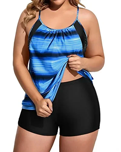 Two Piece Tummy Control Tankini Swimsuits For Women Plus Size-Blue And Black Stripe