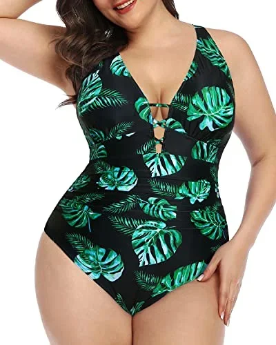 High Waisted Line Plus Size Slimming One Piece Swimsuit-Black And Green Leaf