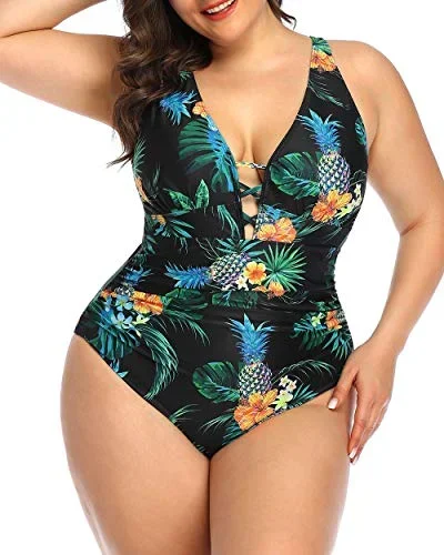 Sexy Deep V Neck Plus Size One Piece Swimsuit For Women-Black Pineapple