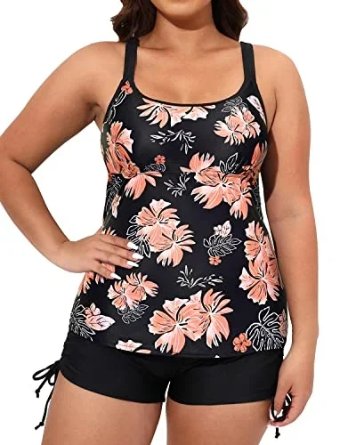 Tummy Control Bathing Suit Top Plus Size Swimwear For Women-Black Orange Floral