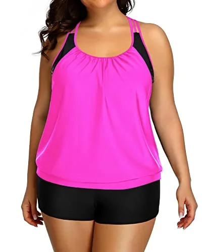 Racerback Tankini Swimsuit Plus Size Tummy Control Bathing Suit Blouson-Neon Pink