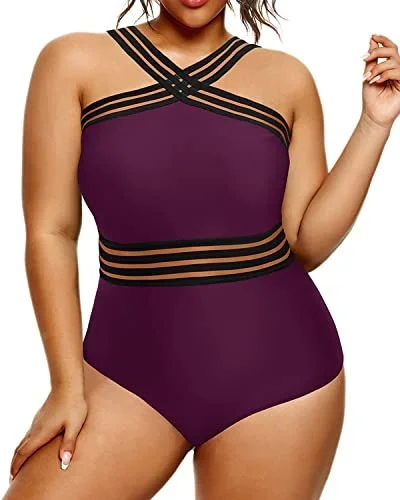 Plus Size One Piece Swimsuits Tummy Control High Waisted Full Coverage Monokinis-Maroon