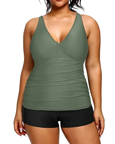 Athletic Plus Size Tankini Boy Shorts Removable Padded Bra Bathing Suits-Olive Green