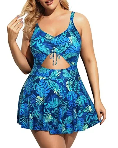 Cutout One Piece Swimdress Skirt Swimsuits For Women-Blue And Gree Leaves