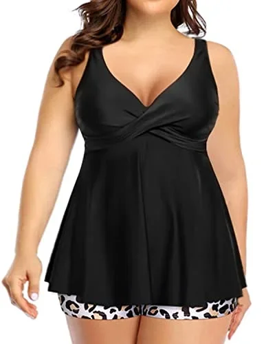 Plus Size Adjustable Shoulder Straps Tankini Swimsuit For Women-Black And Leopard