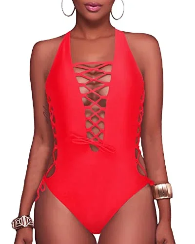 High Cut Cross Back One Piece Swimsuit For Curvy Women-Neon Red