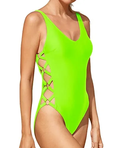 Sexy One Piece Swimsuit Criss Cross Strappy Bathing Suit Monokini-Neon Green