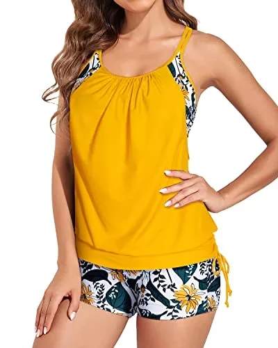 Push Up Women's Tankini Swimsuit Two Piece Tummy Control Bathing Suits-Yellow Floral