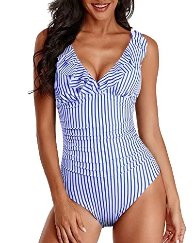 Long Torso One Piece Swimsuits Tummy Control-Blue White Stripe