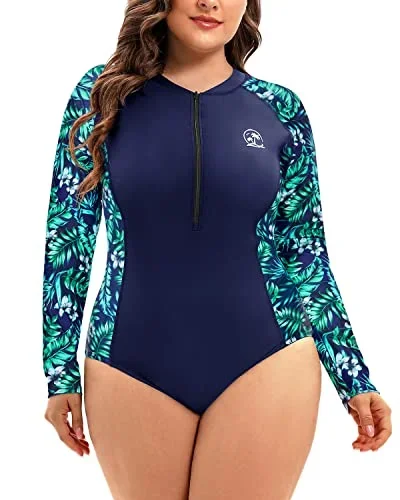 Zipper Upf 50+ Long Sleeved Rash Guard Swimsuit For Women Plus Size-Blue Leaf